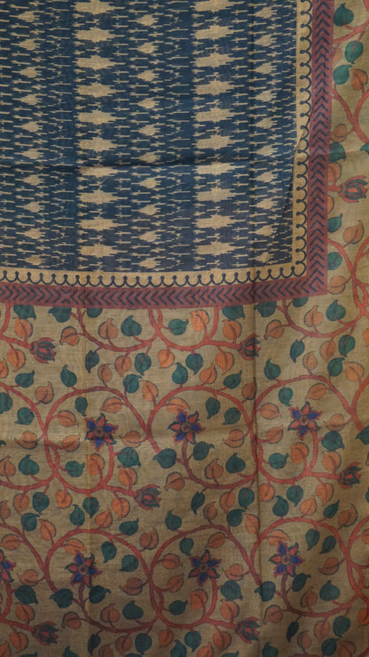 Chanderi Saree Ikkatkari Print - Sandal & Navy Blue