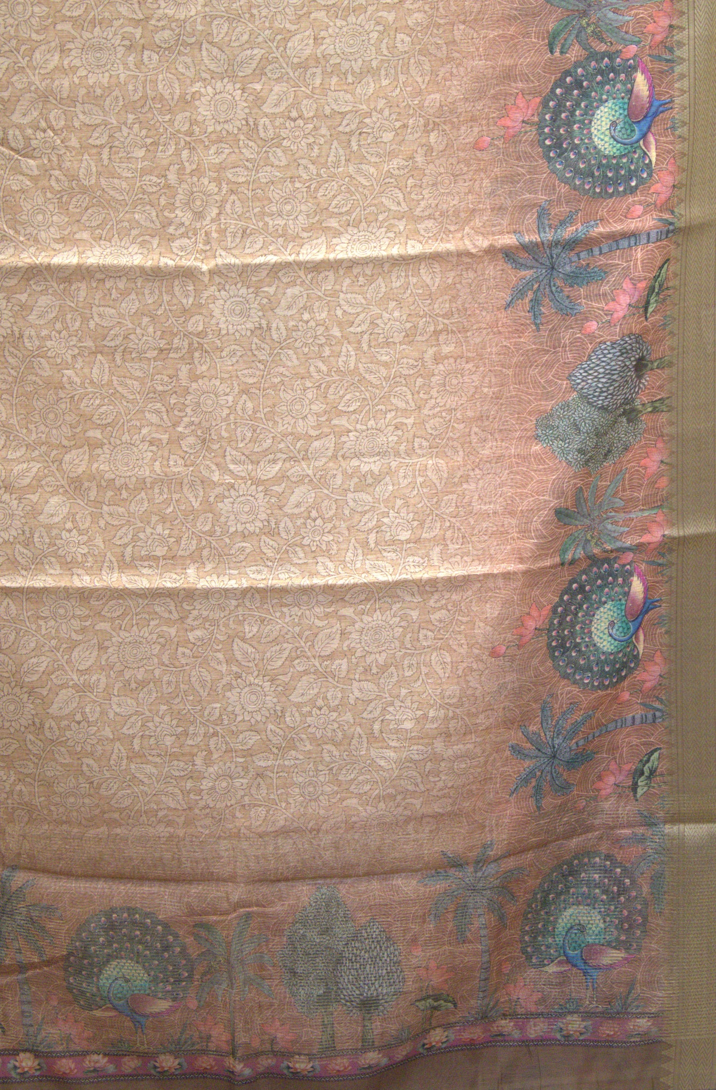 Semi Chanderi Saree Peacock Print-Brown