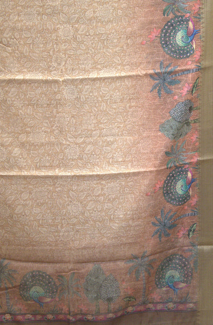 Semi Chanderi Saree Peacock Print-Brown