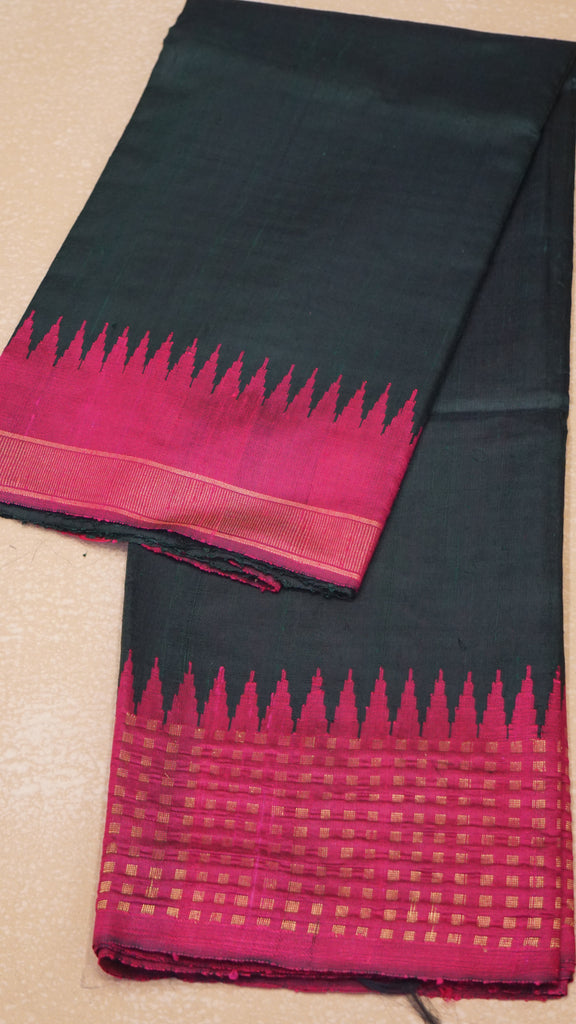 Pure Dupion Silk Saree - Bottle Green with Pink Border