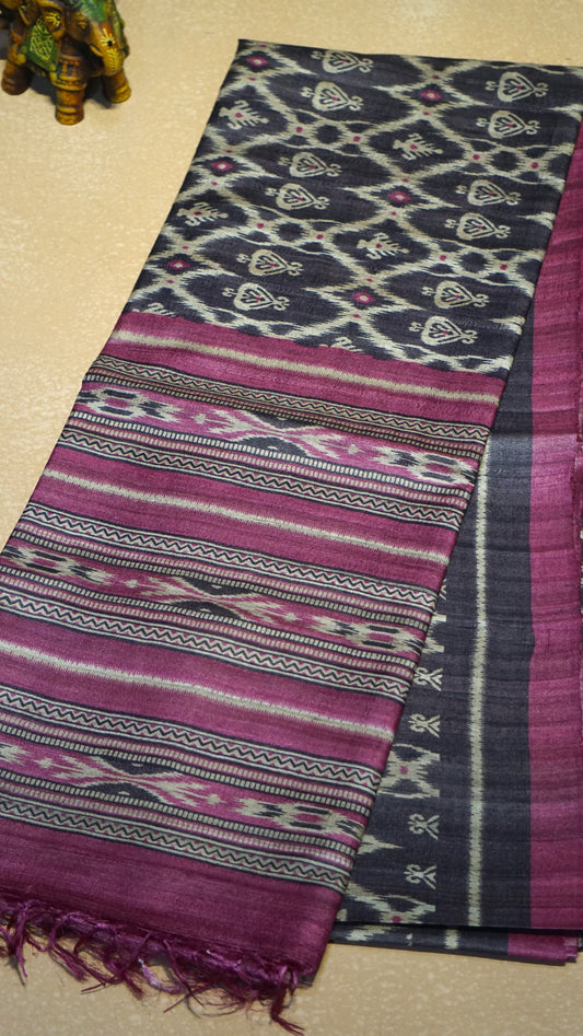 Pure Tussar Saree - Chocolate Brown & Pink