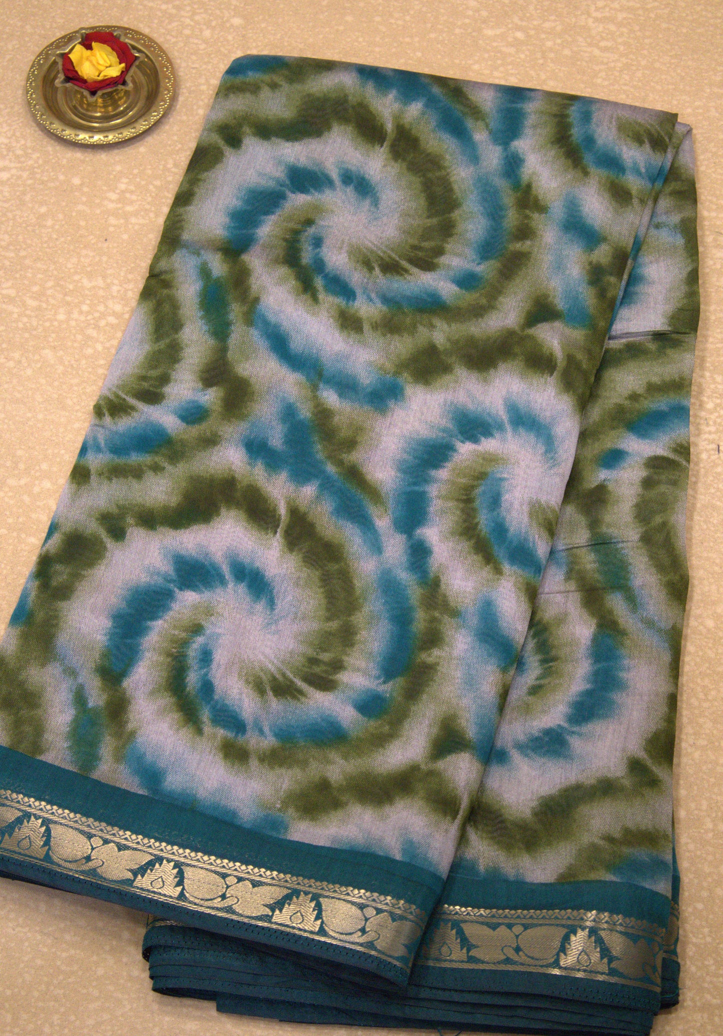 Malai Cotton With Shibori Print-Teal Green