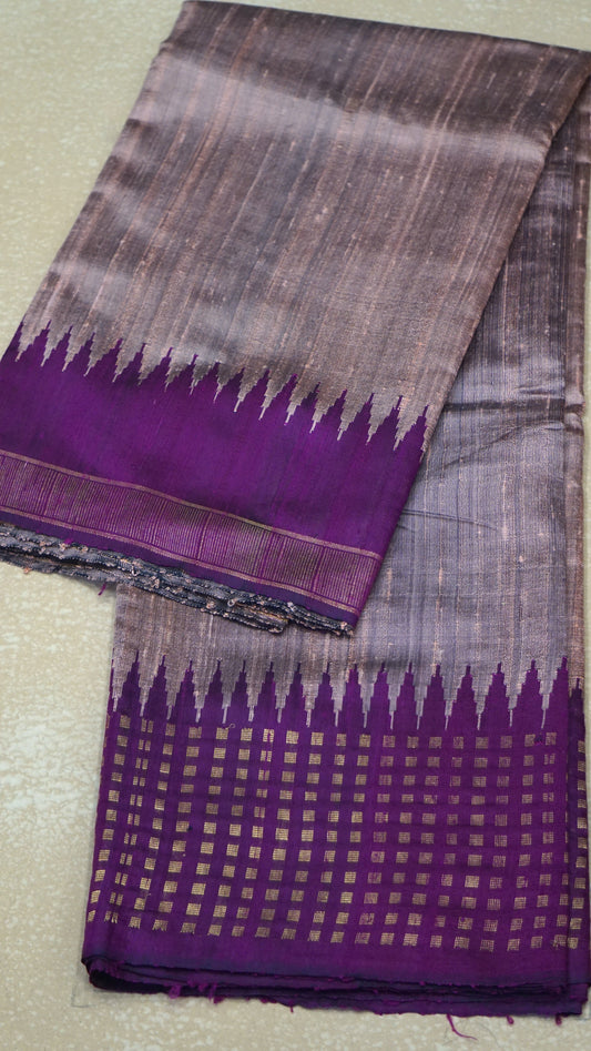 Pure Dupion Silk Saree - Onion Pink with Purple Border