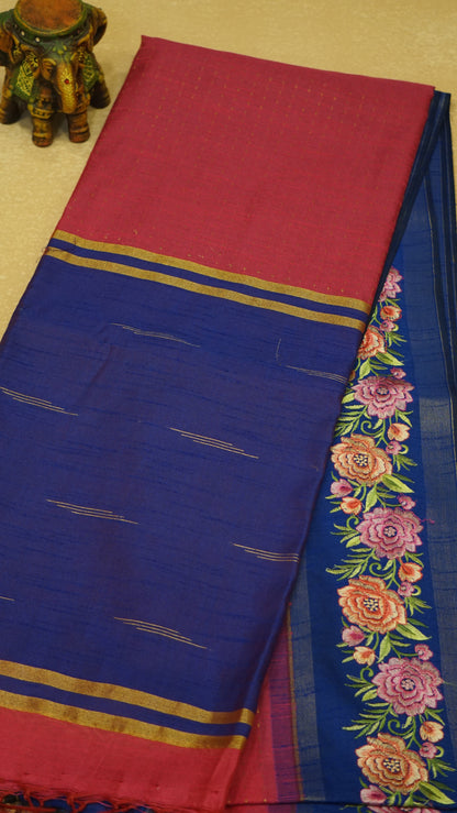 Semi Raw Silk Saree - Dark Pink With Navy Blue Floral Border