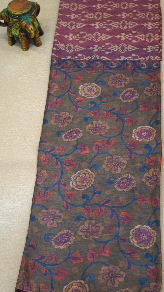 Chanderi Saree Ikkatkari Print - Sandal & Pink