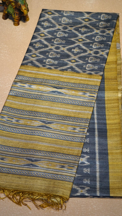 Pure Tussar Saree - Mustard Yellow & Blue