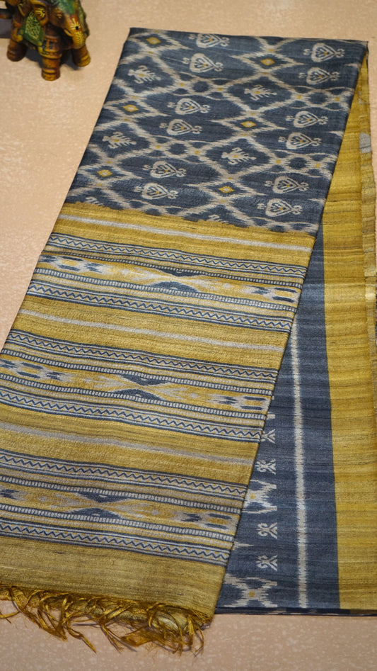 Pure Tussar Saree - Mustard Yellow & Blue