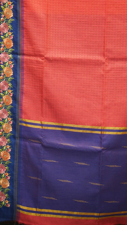 Semi Raw Silk Saree - Dark Pink With Navy Blue Floral Border