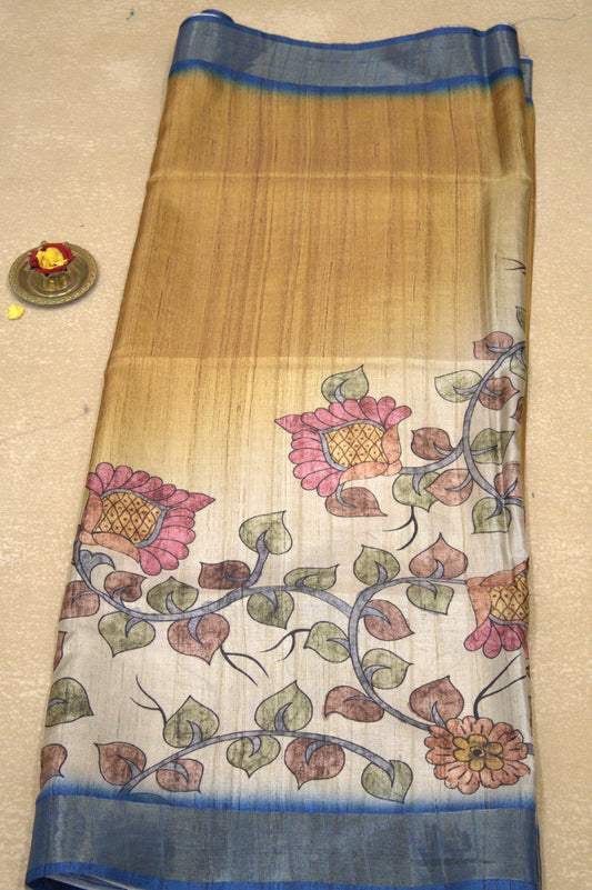 Semi Tussar Saree Kalamkari Print -Mustard Peack Blue