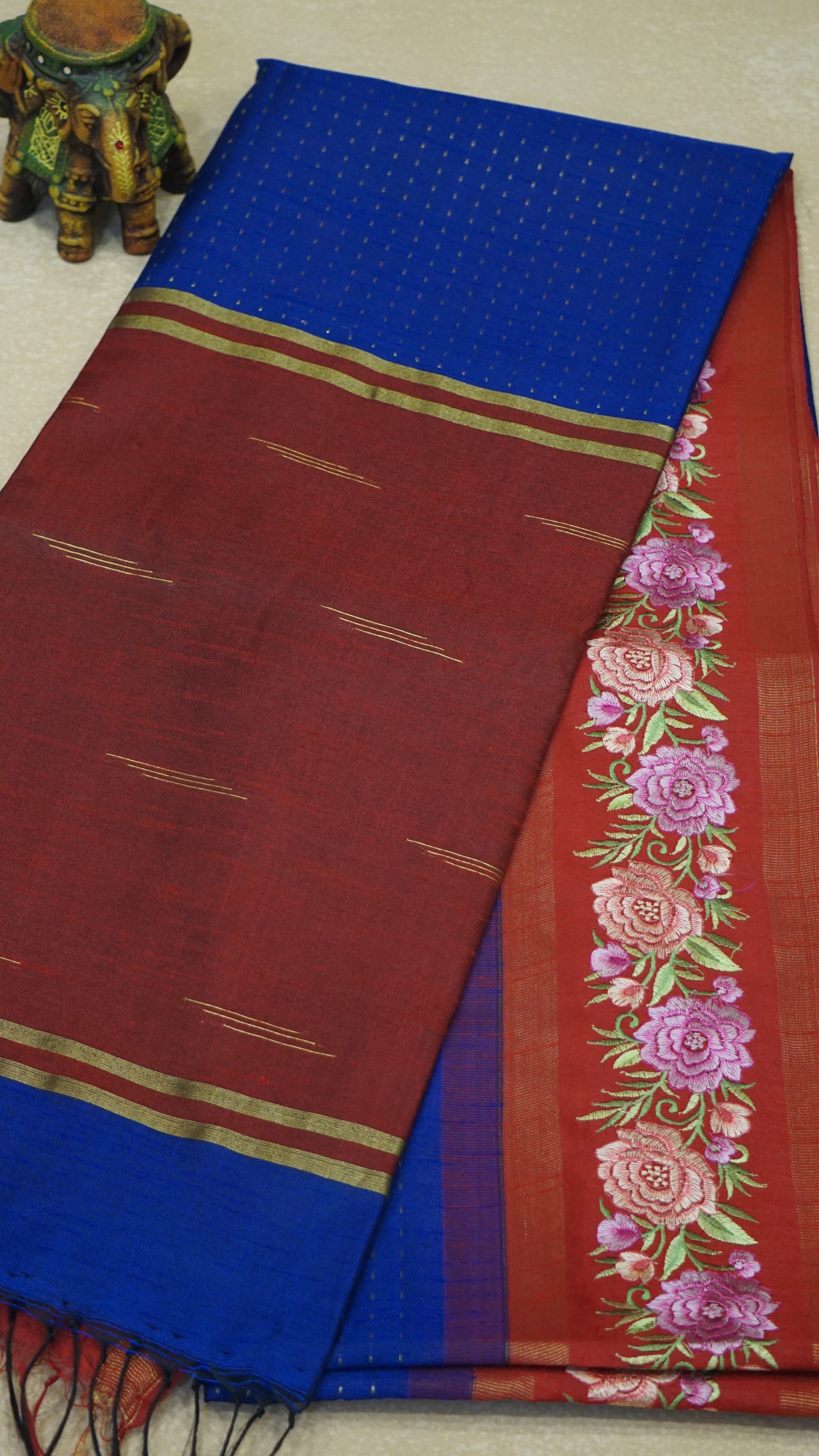 Semi Raw Silk Saree - Navy Blue With Red Floral Border
