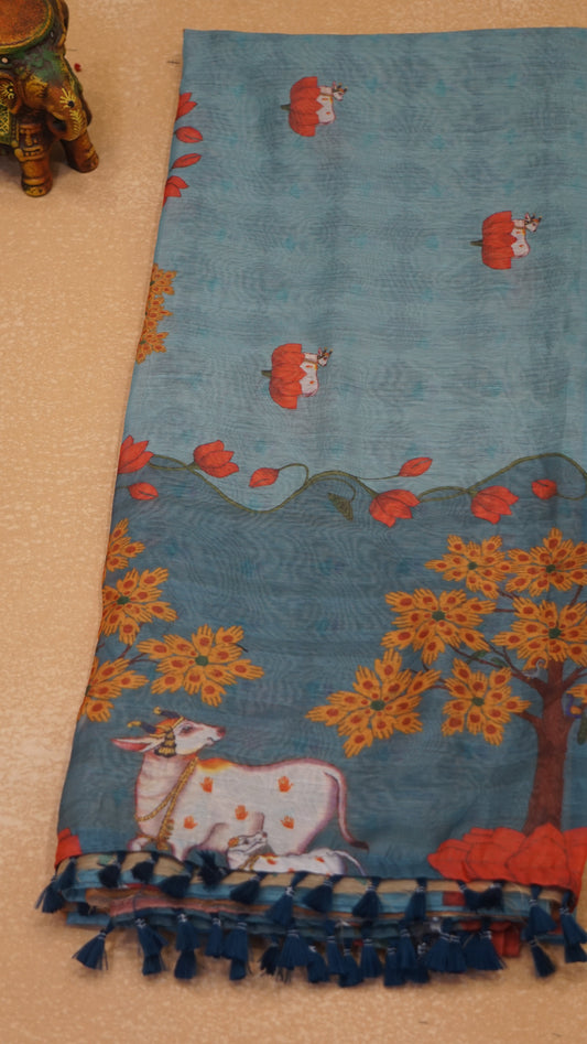Chanderi Saree Pichwai Print - Teal Blue