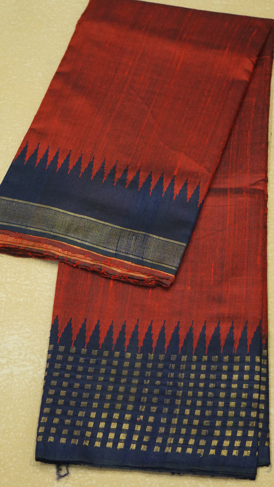 Pure Dupion Silk Saree - Maroon with Navy Blue Border
