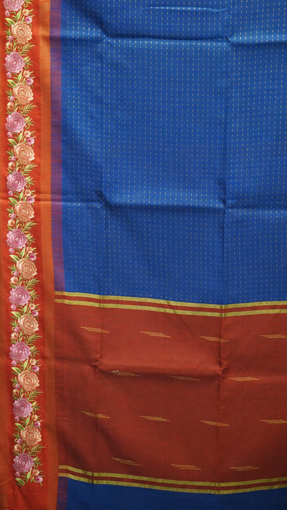 Semi Raw Silk Saree - Navy Blue With Red Floral Border