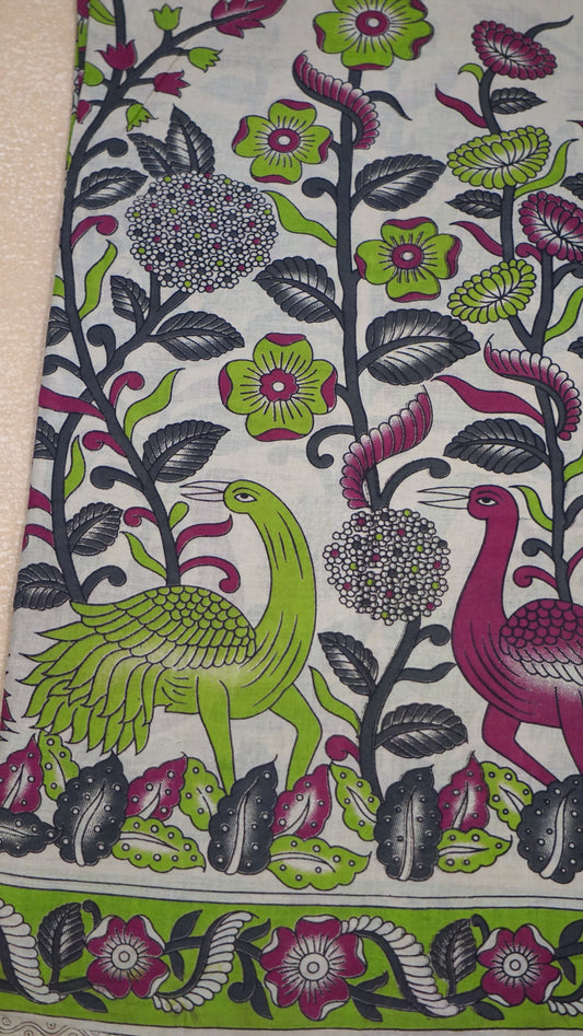 Kalamkari Saree Cotton - Beige With Green Border