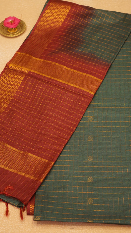 Bhagalpur Tussar Saree Checks - Bottle Green & Maroon