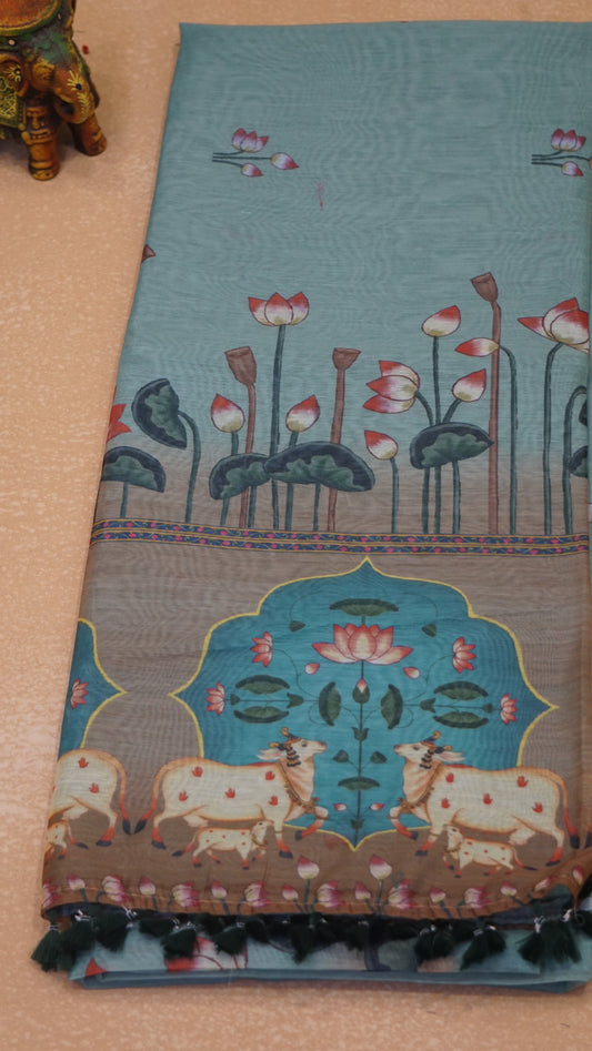 Chanderi Saree Pichwai Print - Teal Green