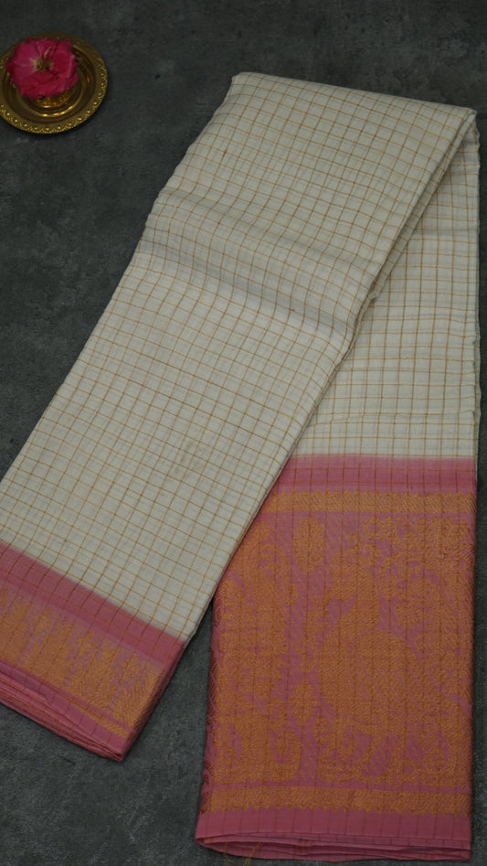 Sungudi Cotton Saree Checks - White & Baby Pink
