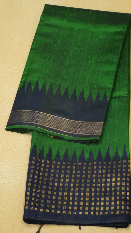 Pure Dupion Silk Saree - Green with Navy Blue Border