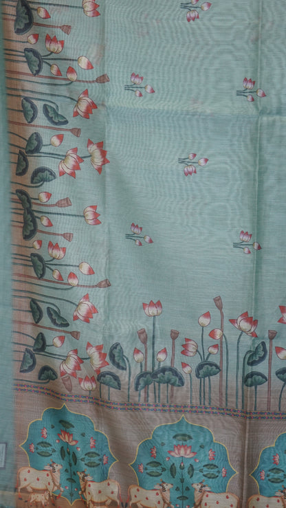 Chanderi Saree Pichwai Print - Teal Green