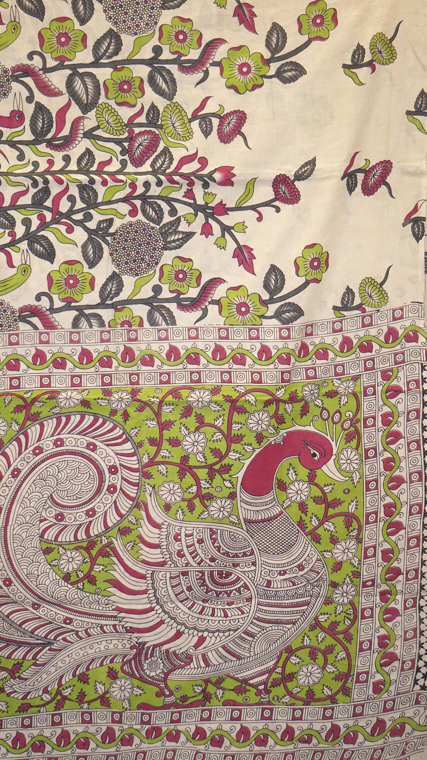 Kalamkari Saree Cotton - Beige With Green Border