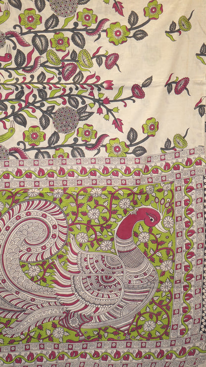 Kalamkari Saree Cotton - Beige With Green Border