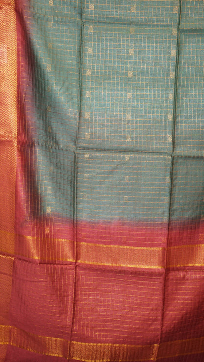 Bhagalpur Tussar Saree Checks - Bottle Green & Maroon