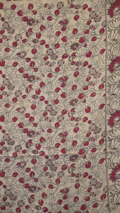 Kalamkari Saree Cotton - Beige With Green Border
