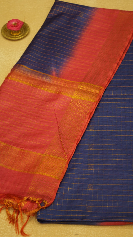 Bhagalpur Tussar Saree Checks - Blue & Pink