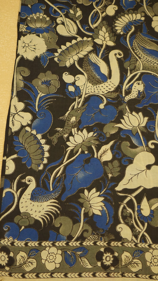 Kalamkari Saree Cotton - Black With Grey Border