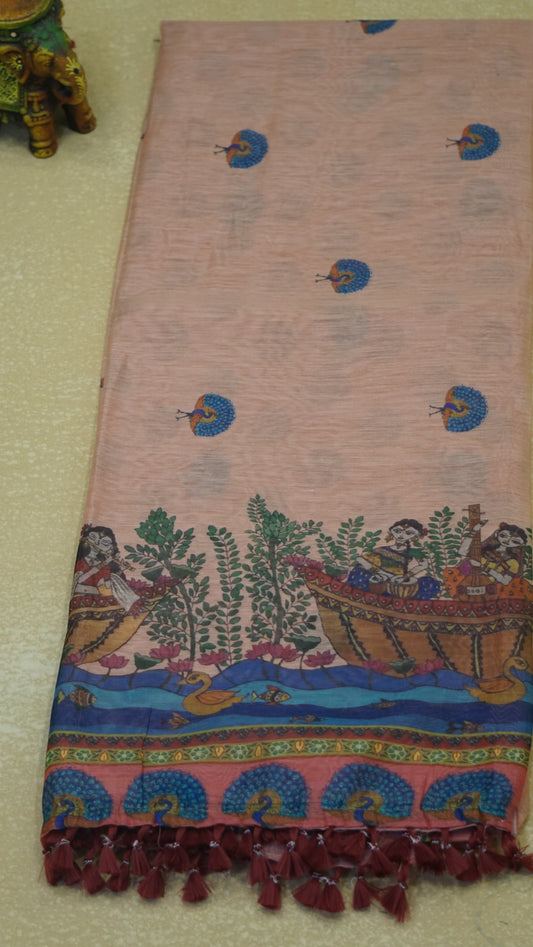 Chanderi Saree Pichwai Print - Peach