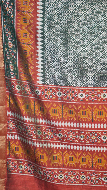 Semi Pattola Saree Kolam Print - Bottle Green