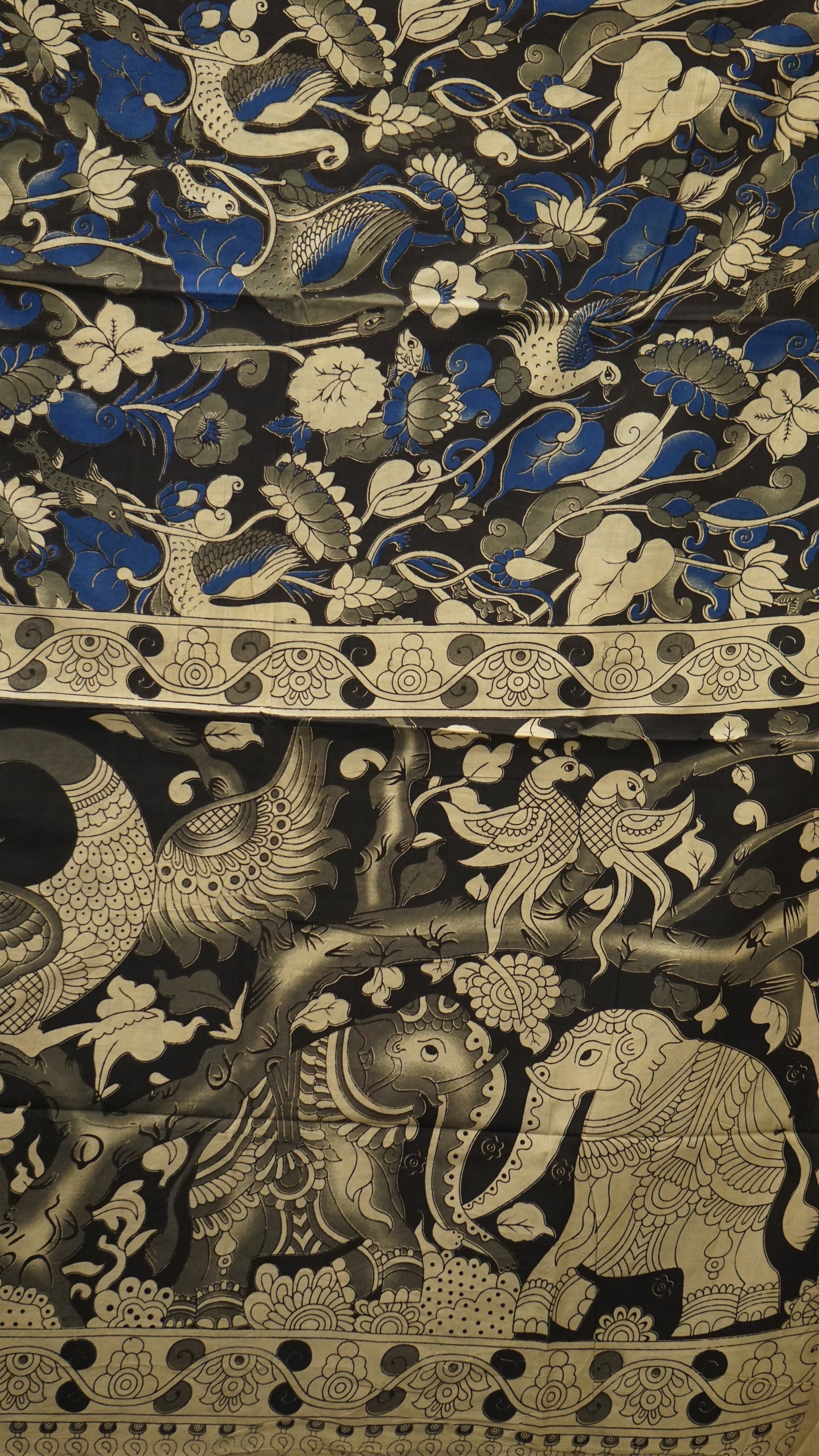 Kalamkari Saree Cotton - Black With Grey Border