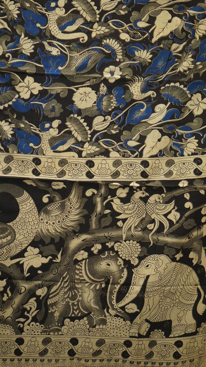 Kalamkari Saree Cotton - Black With Grey Border