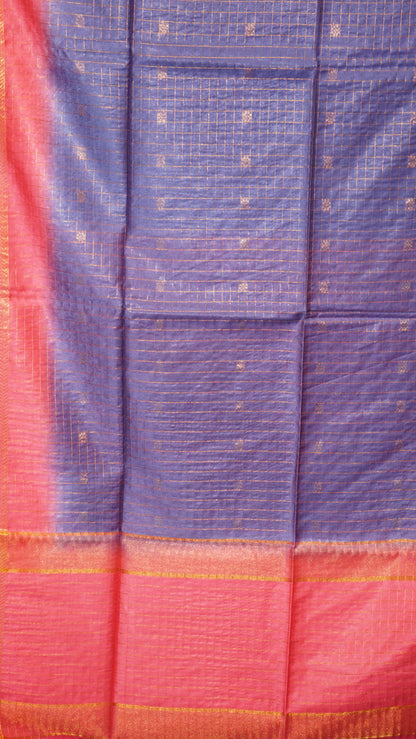 Bhagalpur Tussar Saree Checks - Blue & Pink