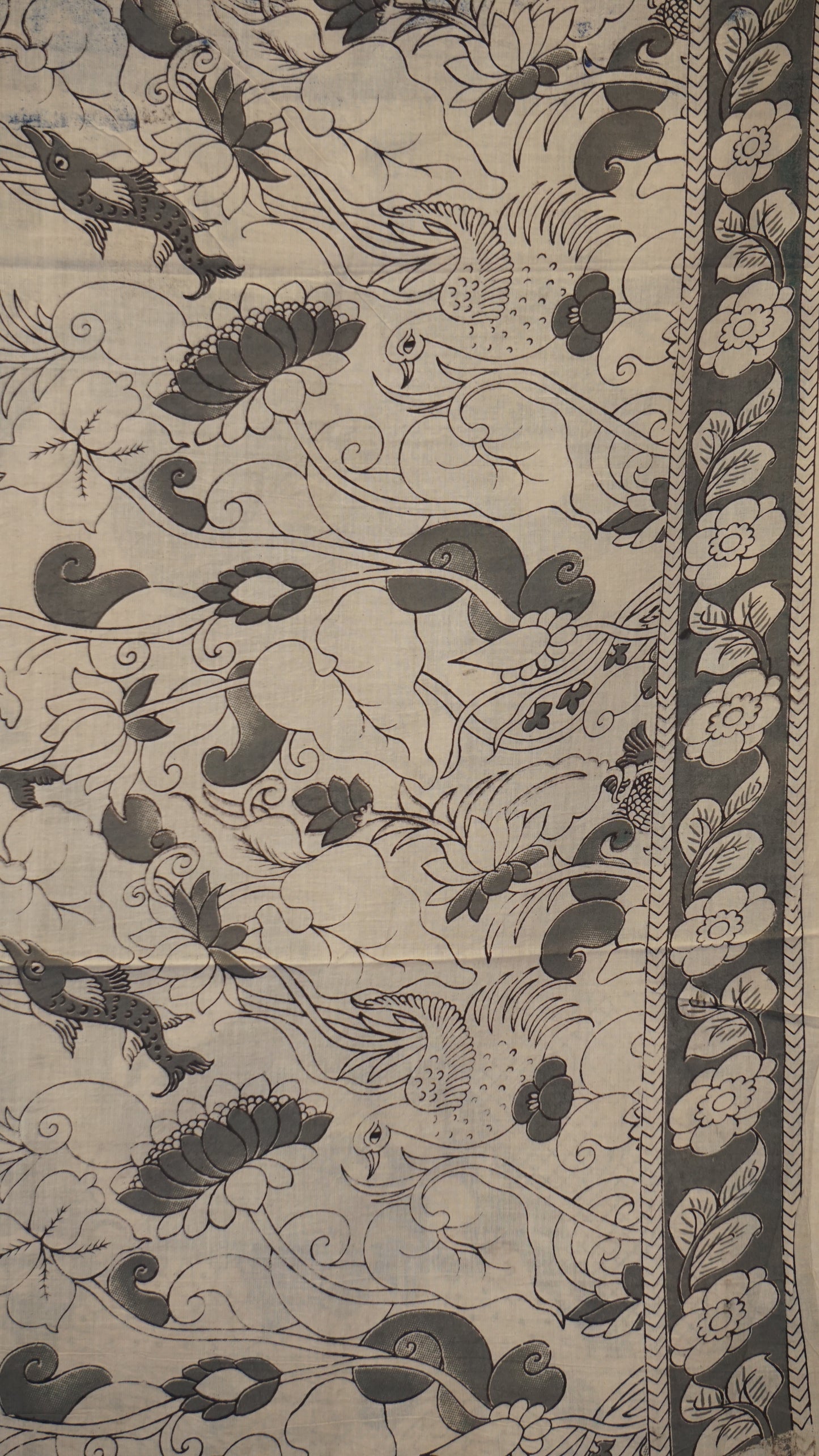Kalamkari Saree Cotton - Black With Grey Border