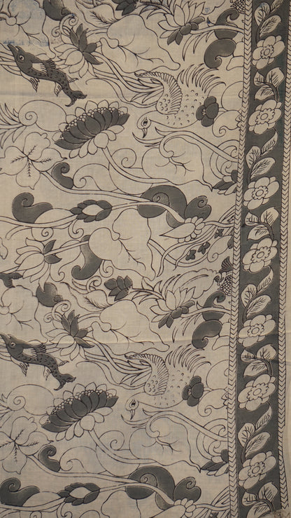 Kalamkari Saree Cotton - Black With Grey Border