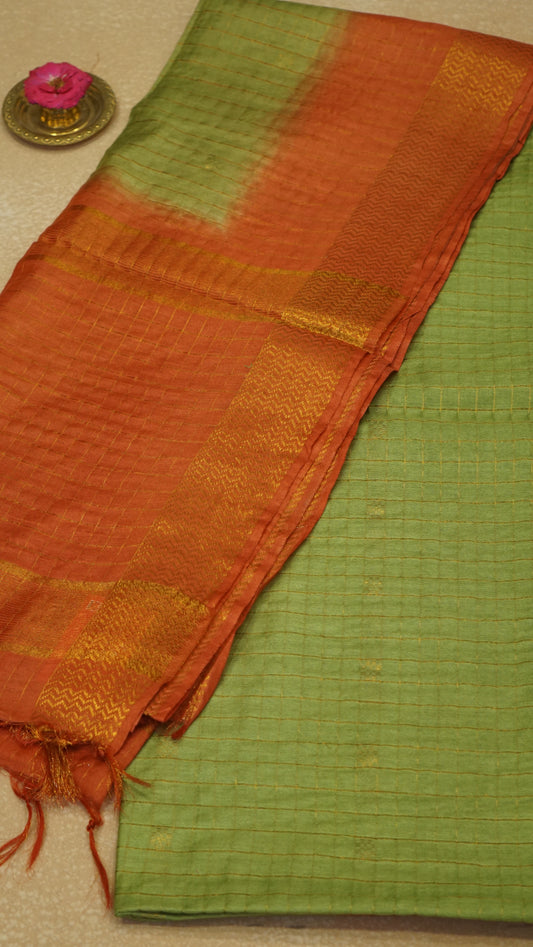 Bhagalpur Tussar Saree Checks - Light Green & Orange