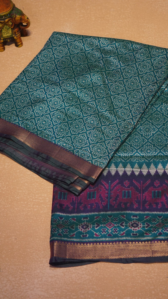 Semi Pattola Saree Kolam Print - Teal Blue