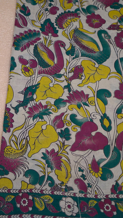 Kalamkari Saree Cotton - Beige With Green Border