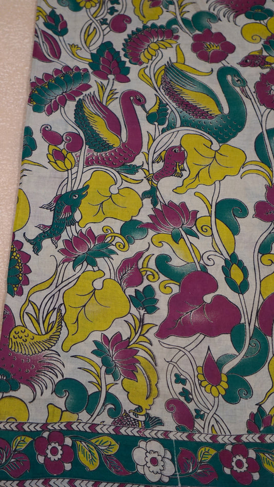 Kalamkari Saree Cotton - Beige With Green Border