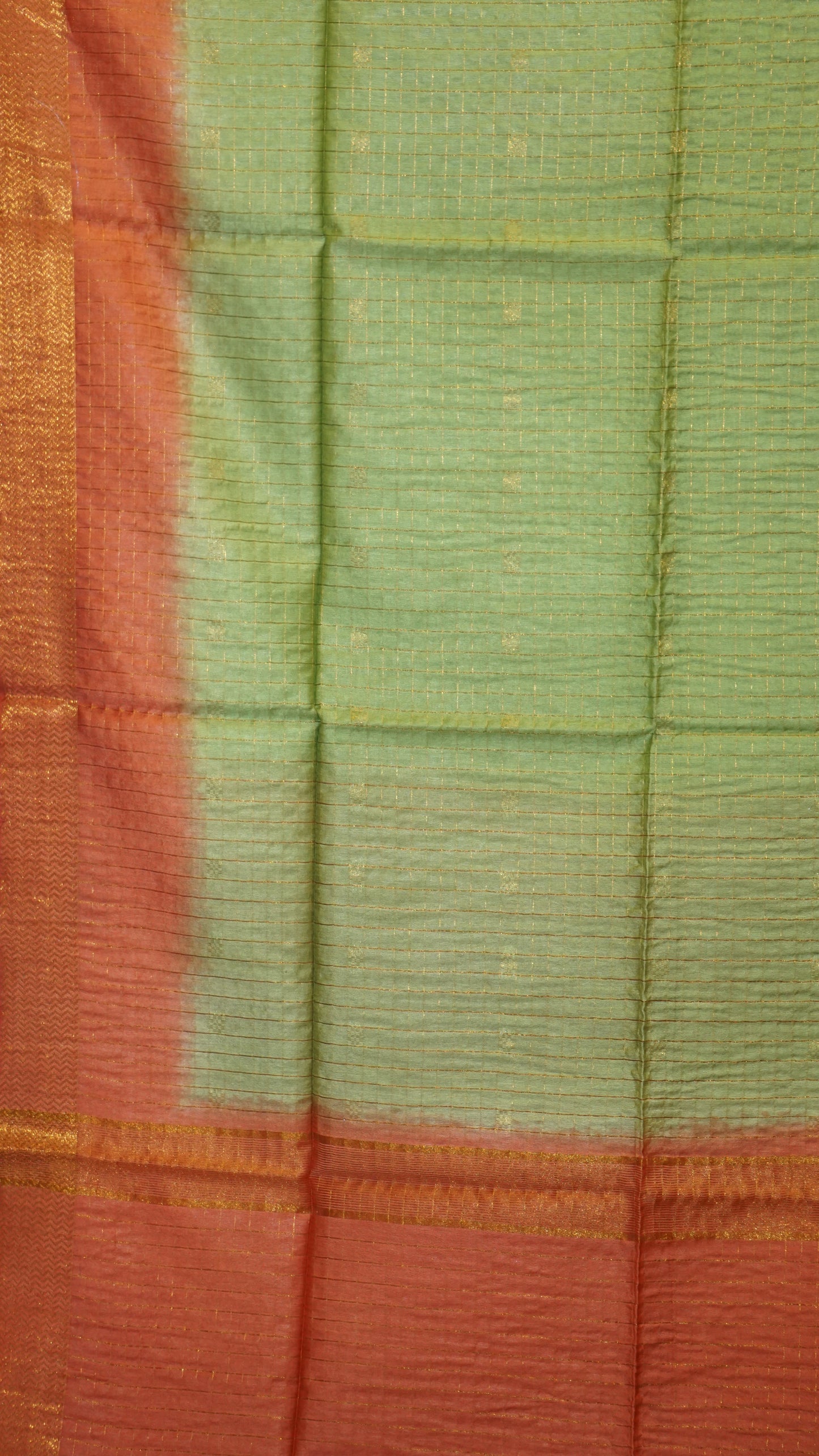 Bhagalpur Tussar Saree Checks - Light Green & Orange