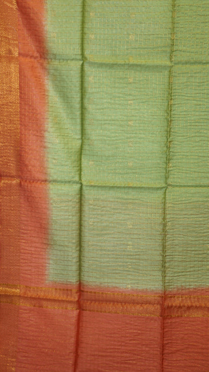 Bhagalpur Tussar Saree Checks - Light Green & Orange