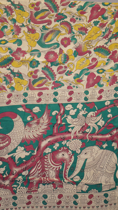 Kalamkari Saree Cotton - Beige With Green Border