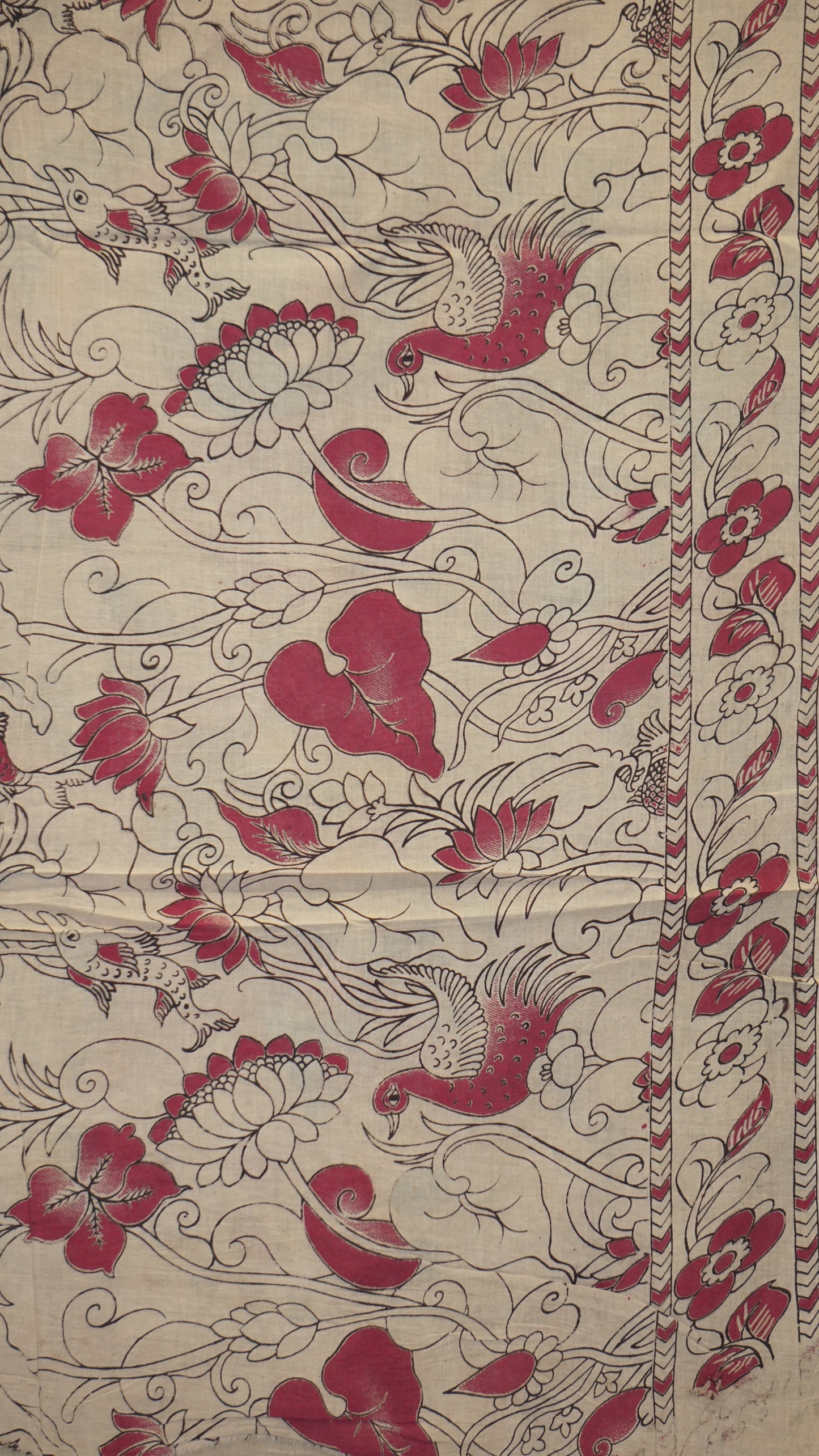 Kalamkari Saree Cotton - Beige With Green Border