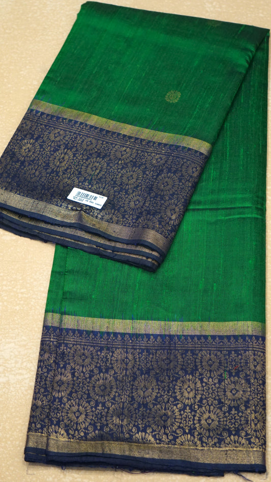 Pure Dupion Silk Saree - Parrot Green With Navy Blue Border