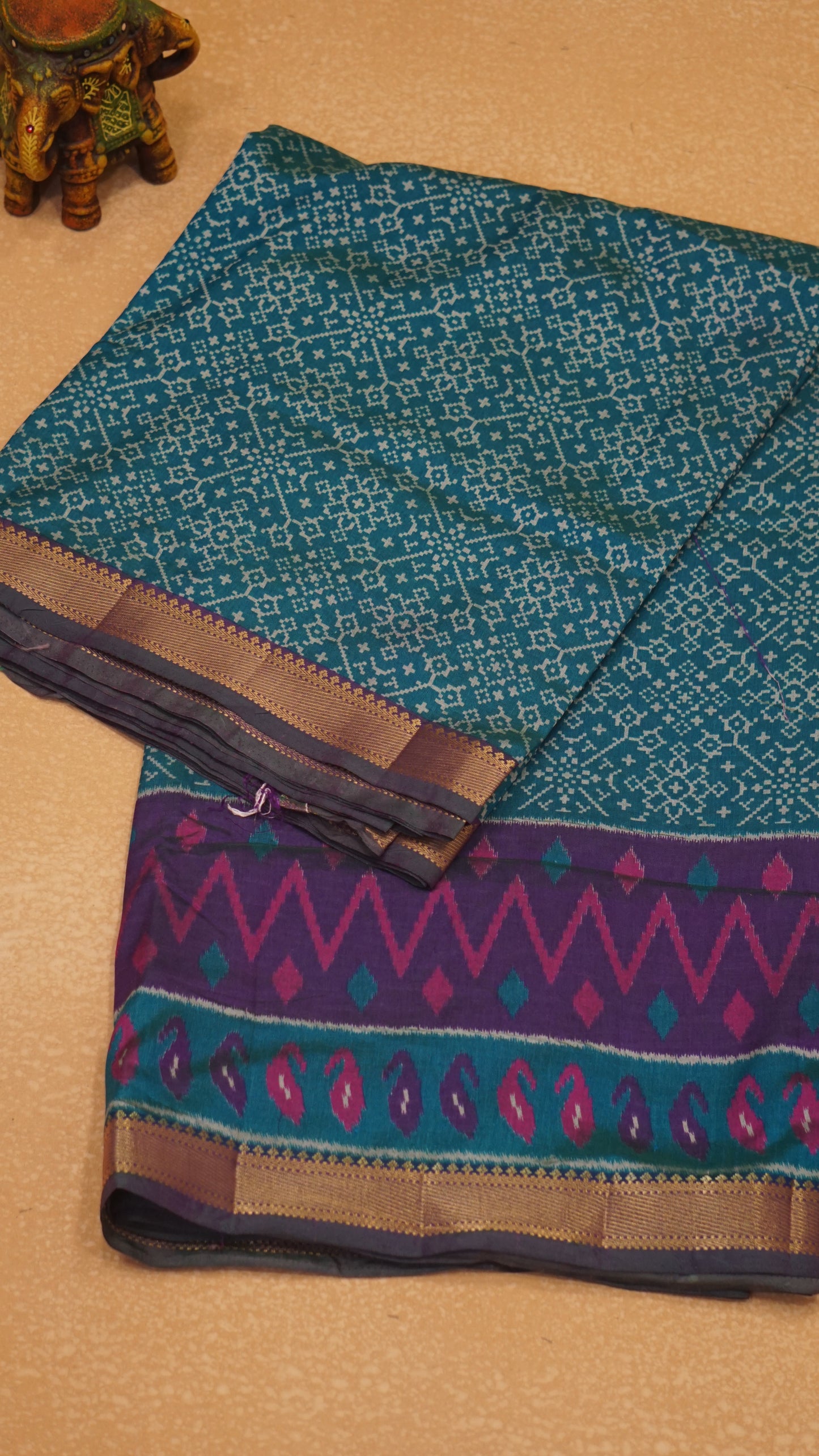 Semi Pattola Saree Pochampally Print - Teal Blue