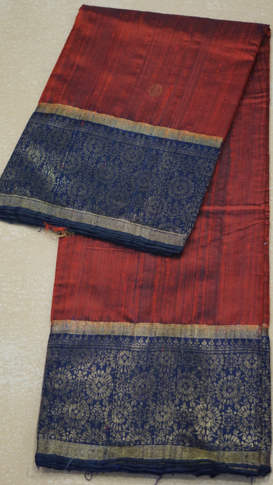 Pure Dupion Silk Saree - Red With Navy Blue Border