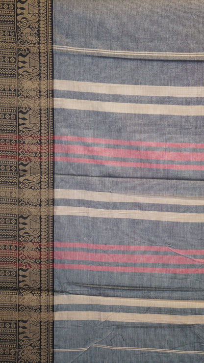 Narayanapet Cotton Saree Elephant Border Grey