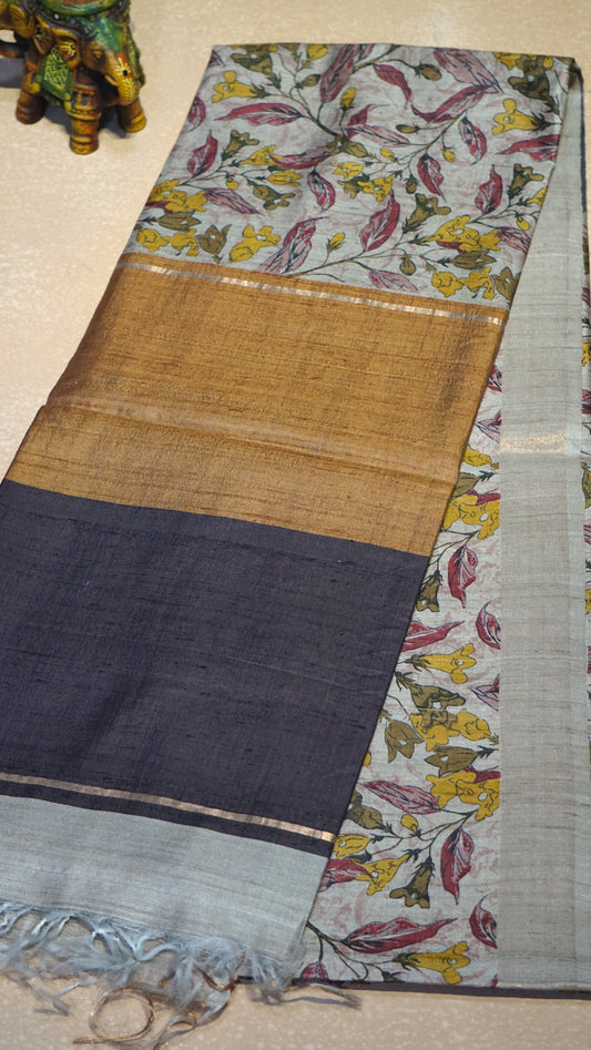 Pure Tussar Saree Floral - Cream & Gold