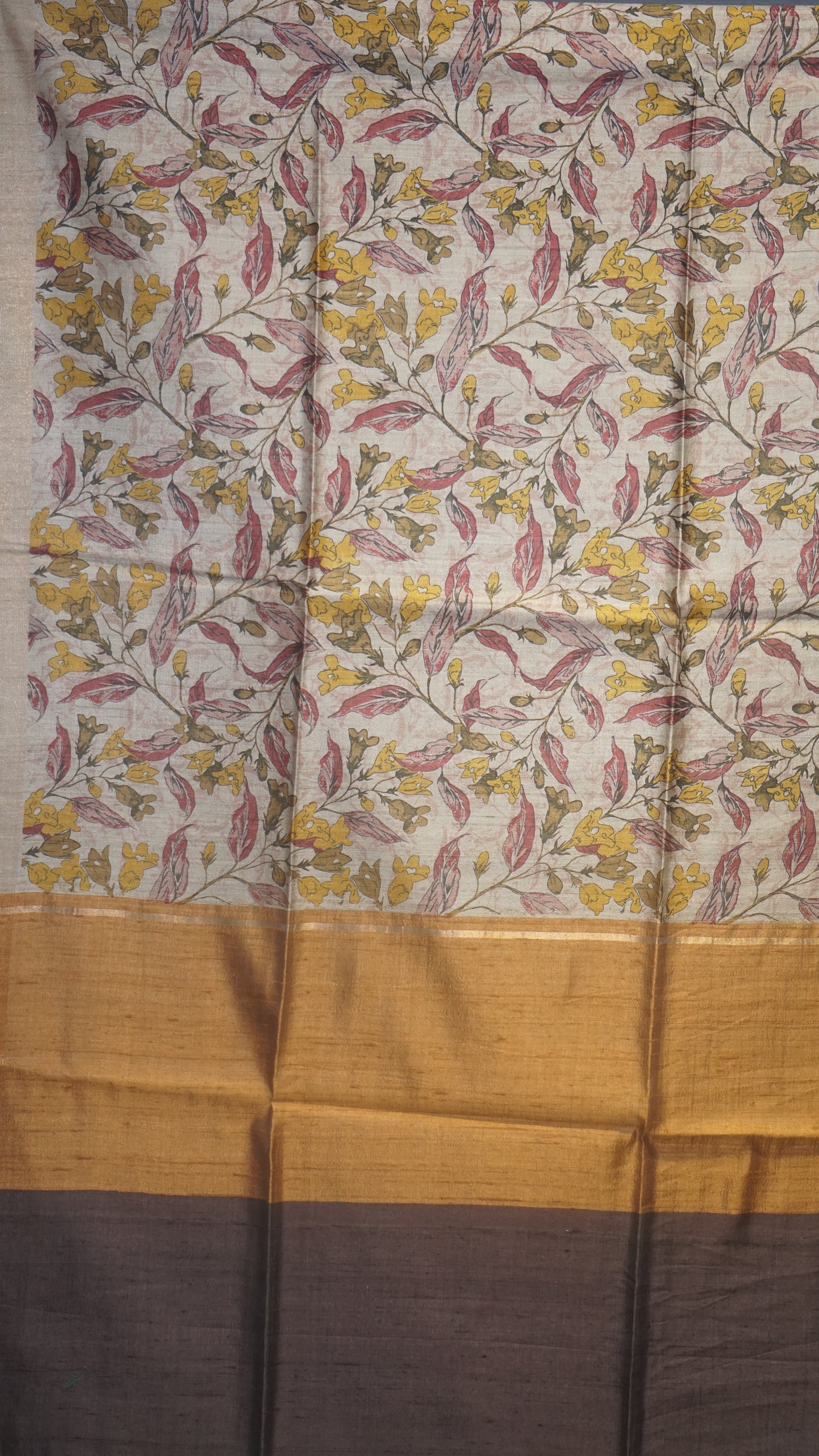 Pure Tussar Saree Floral - Cream & Gold